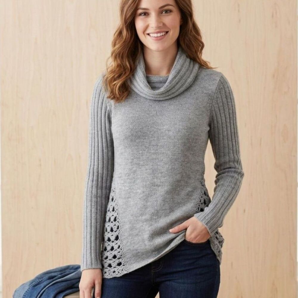 Roz & Ali Ribbed Cowl Neck Sweater Wool Blend Lattice Detail Medium Boho